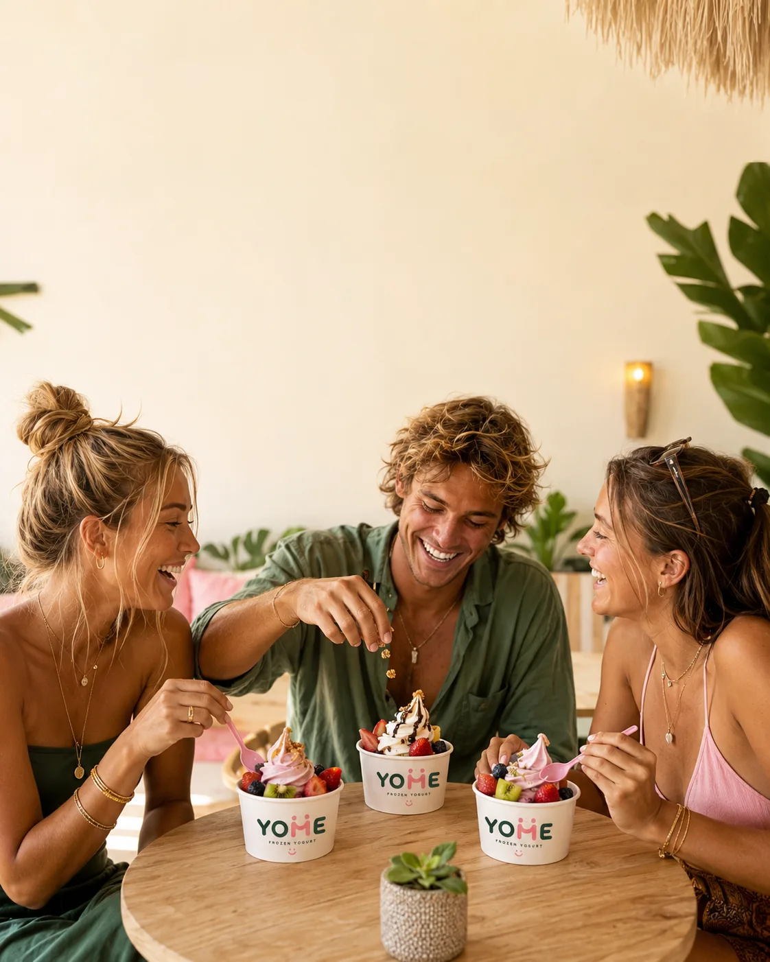 Friends sharing colourful YOME frozen yogurt bowls in a bright tropical café