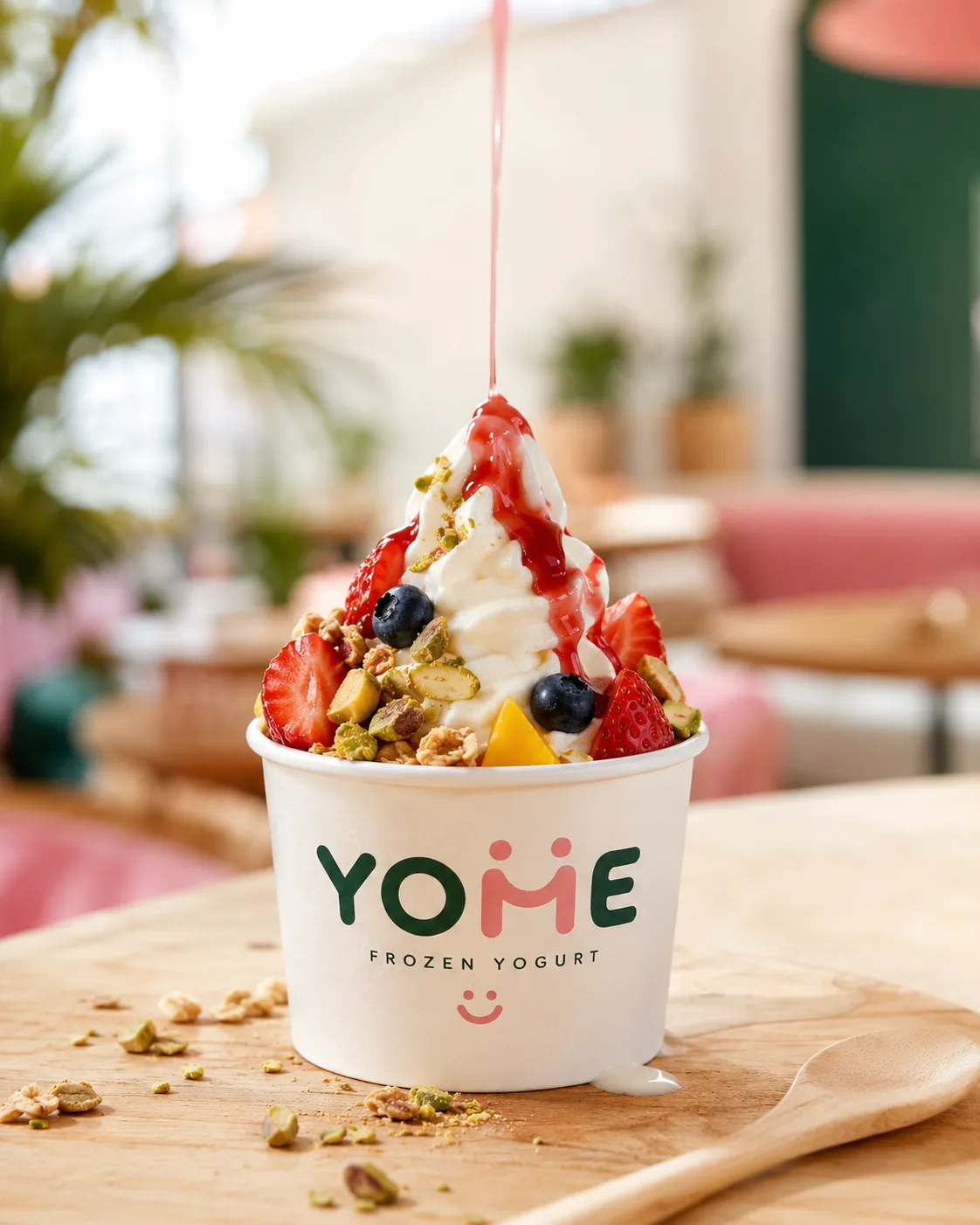 YOME frozen yogurt topped with strawberries, blueberries, mango, pistachios and granola