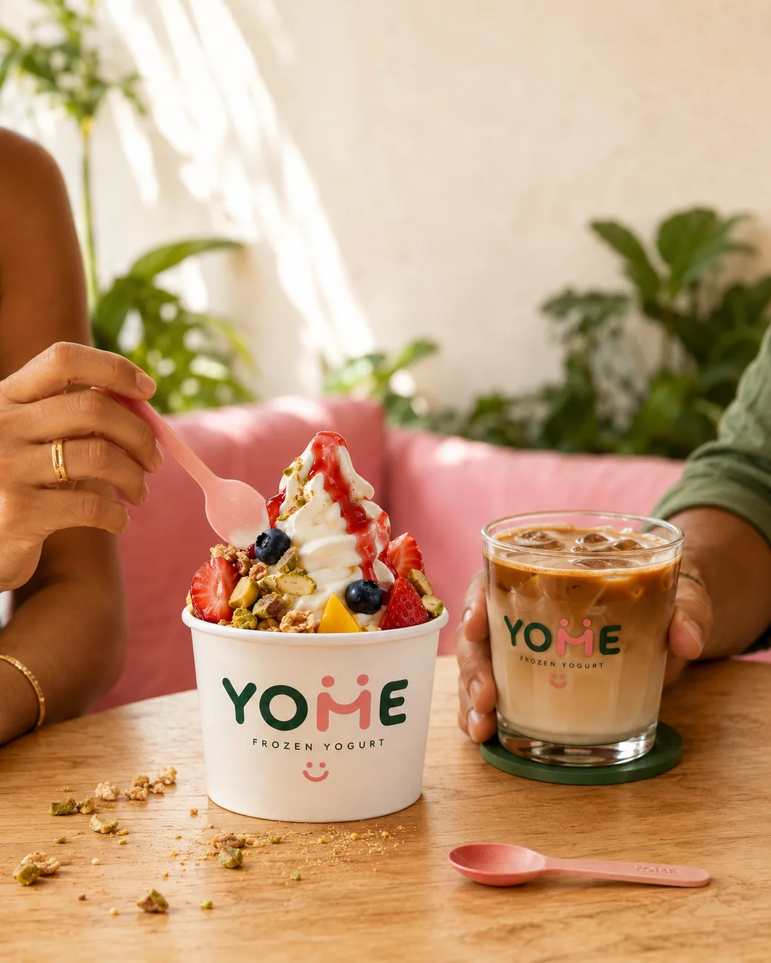 YOME frozen yogurt with fresh fruit beside an iced coffee on a timber table