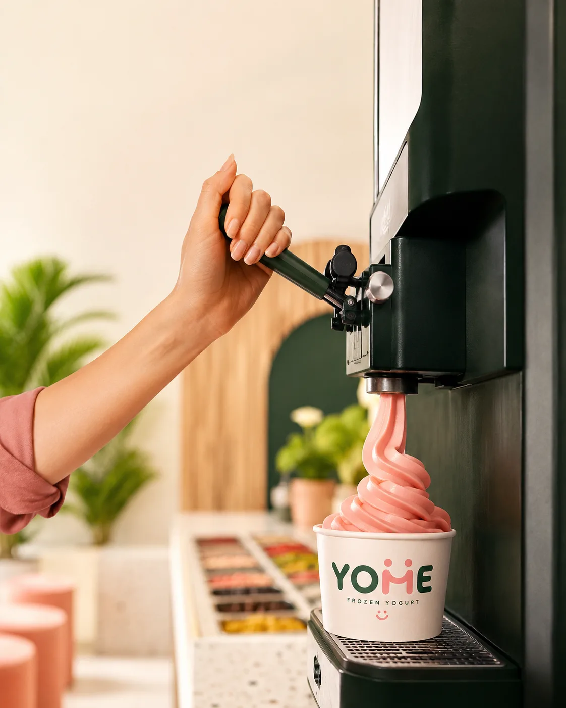 Customer dispensing pink frozen yogurt into a YOME cup at a self-serve machine