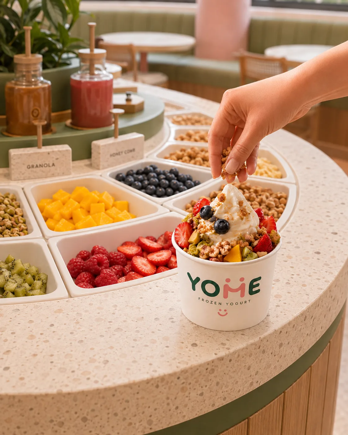 YOME frozen yogurt being topped at the circular self-serve toppings bar